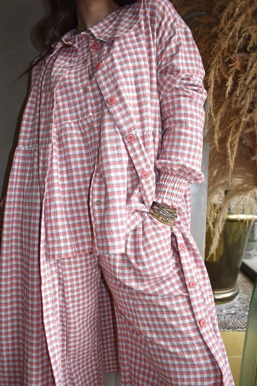 Annie Gingham Peter Pan Frock Coat Soft Coral